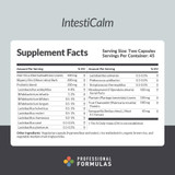 IntestiCalm supplement facts, two capsule serving with aloe vera, slippery elm and probiotic blend