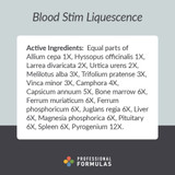 Blood Stim Liquescence active homeopathic ingredients card