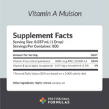 Vitamin A Mulsion supplement facts, 1 drop serving with 3000 mcg vitamin A and vitamin E