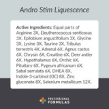 Andro Stim Liquescence active Arginine Tribulus Orchic ingredients card