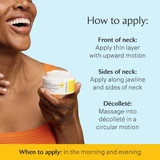 Smiling woman holding the neck cream jar with how to apply directions