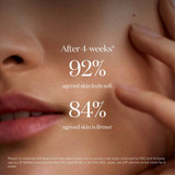 Close-up of a woman's face with after 4 weeks survey results