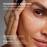 Woman applying treatment to her cheek, exosomes plus enzymes text