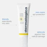 Sunscreen tube with blends seamlessly, non-nano SPF and defends against free radical damage callouts