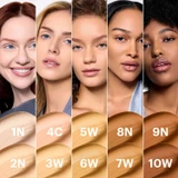 Five models with the Modern Matte Foundation shade range, 1N to 10W