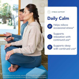 Three people relaxing, Daily Calm stress sleep support graphic