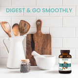 Organic Triphala bottle in kitchen, digest and go smoothly graphic