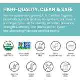 High-quality, clean and safe Guduchi graphic with USDA Organic, non-GMO and free-from icons
