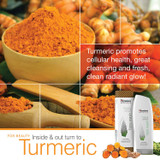 Turmeric root and powder bowl, clean radiant glow face wash graphic