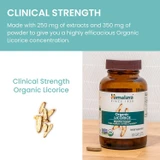 Clinical strength Organic Licorice graphic with bottle and licorice root, 250 mg extract and 350 mg powder