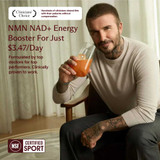 Man drinking an orange drink, IM8 NMN NAD+ energy booster graphic with NSF Certified for Sport badge
