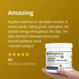Hand holding the StayStrong+ tub, verified customer review quote graphic