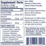 D3+MK7 supplement facts, 125 mcg vitamin D3, vitamin K1 and K2 with Perfect Amino EAA blend
