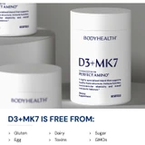 D3+MK7 bottle on a pedestal, free from gluten, dairy, sugar, egg, toxins and GMOs graphic