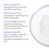 PCA Skin Creamy Cleanser ingredient callouts: rose hip, aloe, yucca, sunflower seed oil