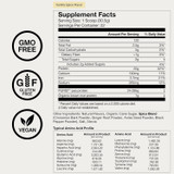 100% Plant Protein Vanilla Spice supplement facts and amino acid profile with GMO-free, gluten-free and vegan icons