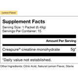 Creatine Lemon supplement facts panel, 5 g Creapure creatine monohydrate per packet