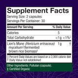 Lion's Mane 60 capsules Supplement Facts mycelium 1 g panel