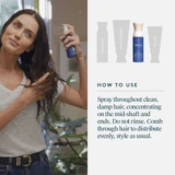 Woman spraying Strength and Shield on damp hair how to use routine