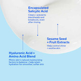 Clarifying Cream Cleanser ingredient callouts: salicylic acid, sesame seed and hyaluronic acid