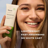 Woman holding Clear Coat SPF 50, lightweight no white cast graphic