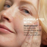 Close-up of woman's face, lip balm formulated with Hydromanil for moisturization text