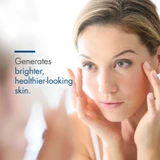 Woman touching her cheek beside text about brighter, healthier-looking skin