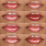 Lips wearing each of the eight gloss shades, labeled