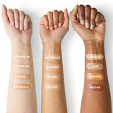 Three forearms with glo foundation shade swatches from Alabaster to Mocha