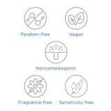 Free-from icons: paraben-free, vegan, noncomedogenic, fragrance-free, sensitivity-free