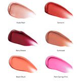 Six Perfecting Gloss swatches: Nude Pearl, Santorini, Berry Breeze, Sunkissed, Beach Blush, Palm Springs Pink