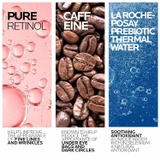 Redermic R Eyes ingredient panels: pure retinol, caffeine, prebiotic thermal water