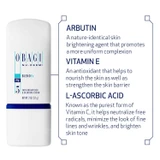 Obagi Nu-Derm Blend Fx bottle with arbutin, vitamin E and vitamin C infographic