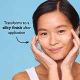 Woman touching her cheeks with silky finish after application text