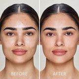 Before and after photos of a model wearing the tinted primer