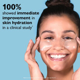 Smiling woman wearing eye patches, 100% showed improvement in skin hydration