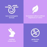 Icons: non-comedogenic, no artificial fragrance, cruelty-free, gluten-free and vegan