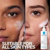 Two women cleansing their faces with suitable for all skin types text