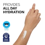 Lotion on a forearm, provides all day hydration, National Eczema Association seal