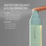 Finger pressing HydraFlora Mist pump, microflora balance and glow-enhancing text