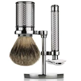 Baxter of California safety razor and badger brush chrome stand set