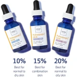 Obagi Professional-C Serum shown in 10%, 15% and 20% strengths with skin type guide