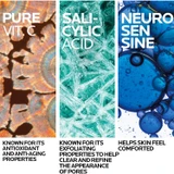 Three-panel ingredient graphic: pure vitamin C, salicylic acid, neurosensine