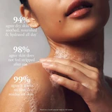Woman with shower gel lather on her shoulder and survey percentages