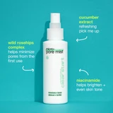 Micro-Pore Mist with cucumber extract, wild rosehips complex and niacinamide callouts