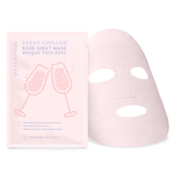 Serve Chilled Rosé Sheet Mask pouch beside the unfolded pink sheet mask