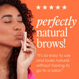 Woman holding GrandeBROW-FILL with customer quote, perfectly natural brows