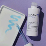 Replenix hyaluronic serum bottle and dropper beside a blue serum swirl on a tray