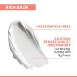 White balm swatch with rich balm and preservative-free callouts