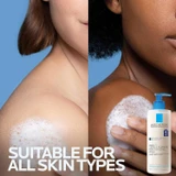 Two people with foaming wash on their shoulders, suitable for all skin types text